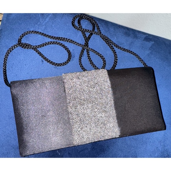 Jessica McClintock Vintage Black Satin Clutch Evening‎ Bag Silver Beaded Band - Picture 2 of 6